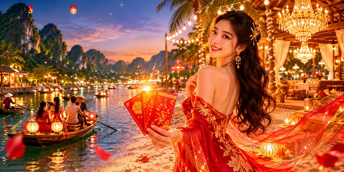 Khung cảnh chợ đêm Ninh Bình với người dùng mở phong bì đỏ nhận thưởng trên điện thoại